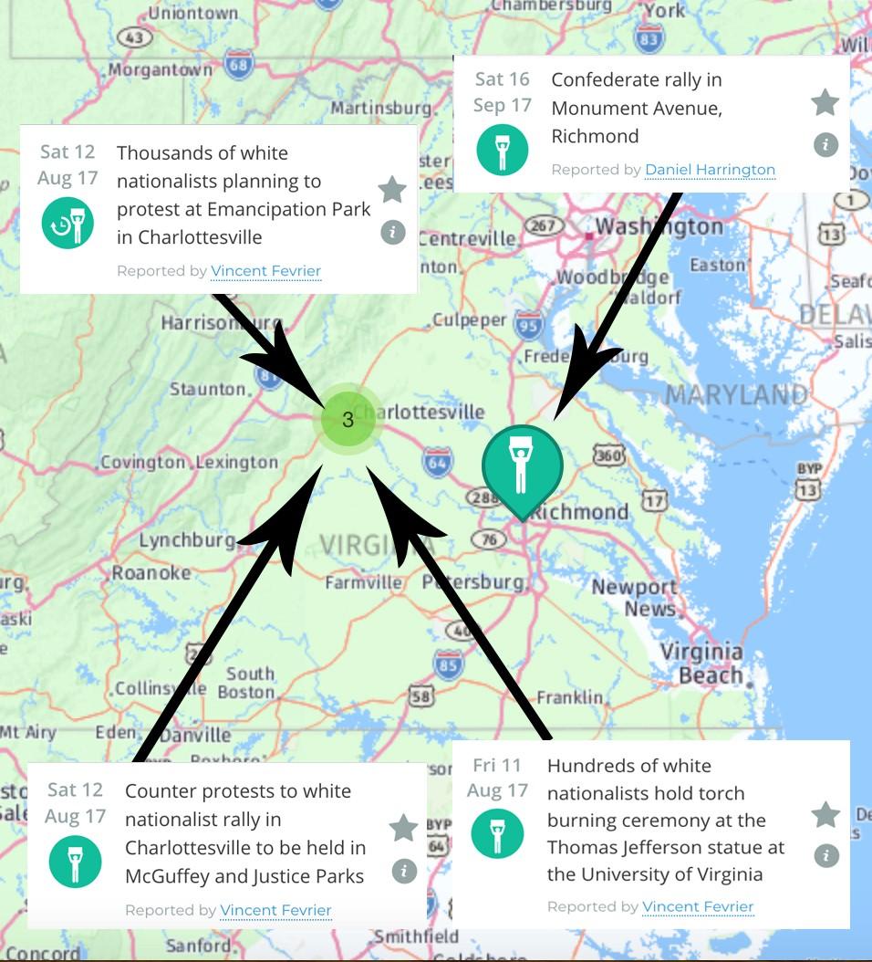 Map showing some of the protest and counter-protest incidents in Charlottesville over plans for the removal of Confederate Monuments 